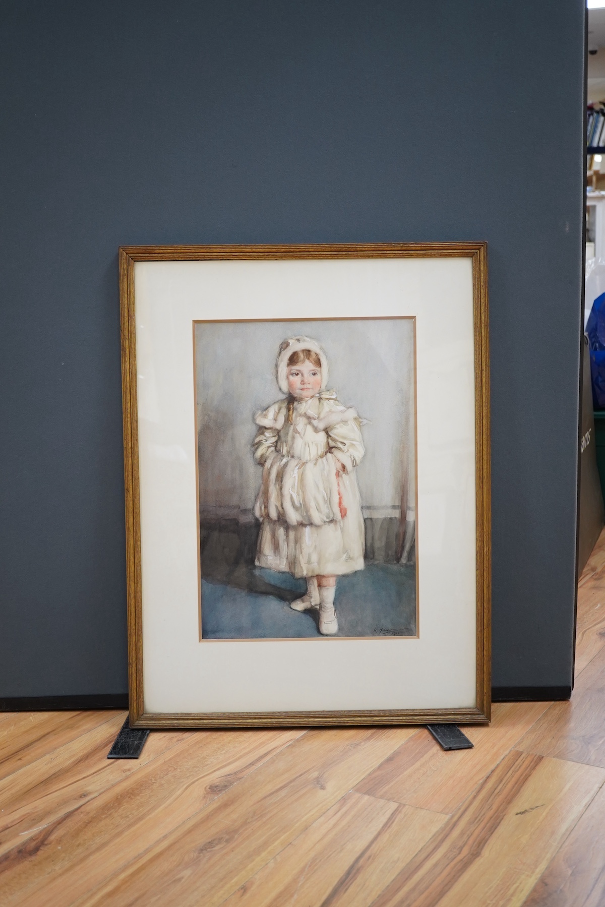 K Mayor (20th. C), heightened watercolour, Full length study of a young girl, signed and dated 1915, 51 x 35cm. Condition - fair to good